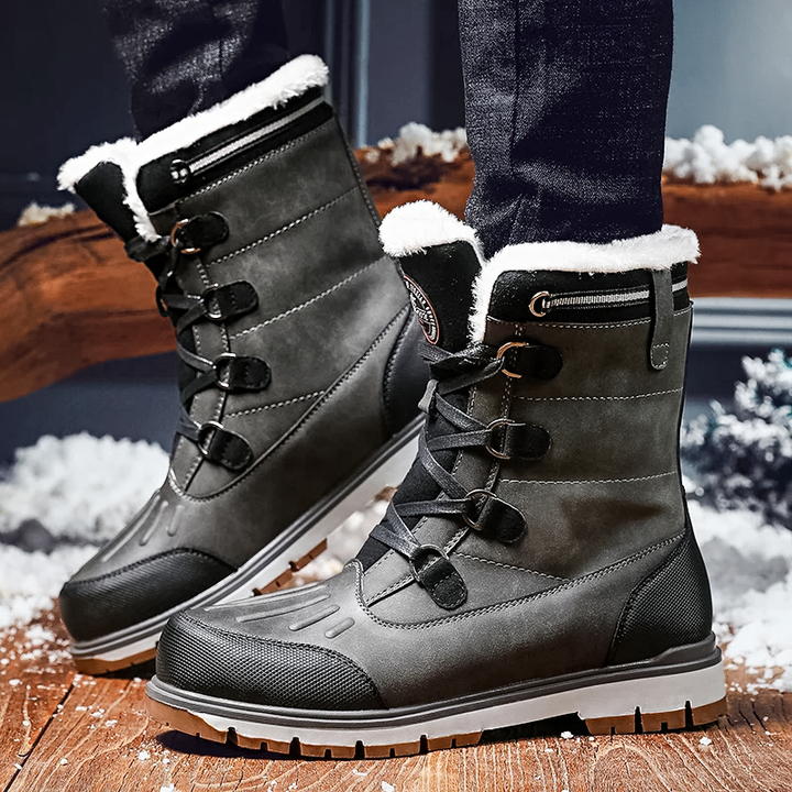 "Men's waterproof brown mid-calf snow boots with orthopedic support, lace-up, insulated for warmth, durable design."