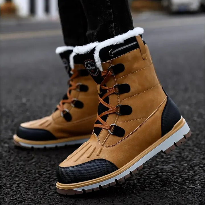 "Men's waterproof brown mid-calf snow boots with orthopedic support, lace-up, insulated for warmth, durable design."
