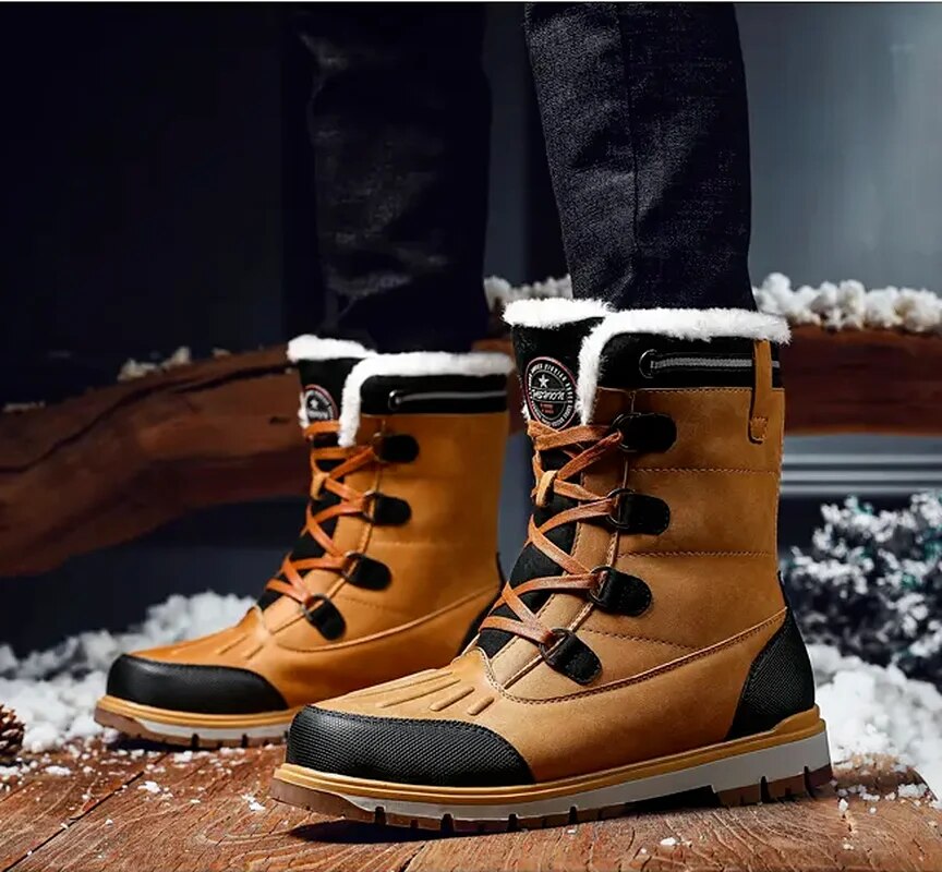 "Men's waterproof brown mid-calf snow boots with orthopedic support, lace-up, insulated for warmth, durable design."