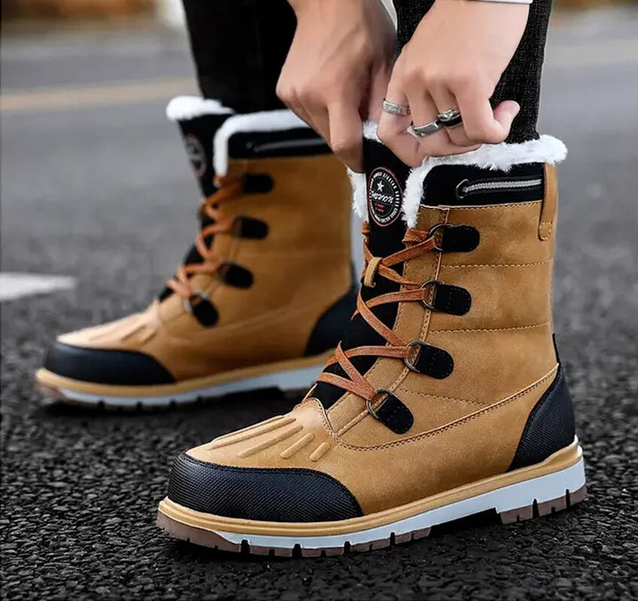"Men's waterproof brown mid-calf snow boots with orthopedic support, lace-up, insulated for warmth, durable design."