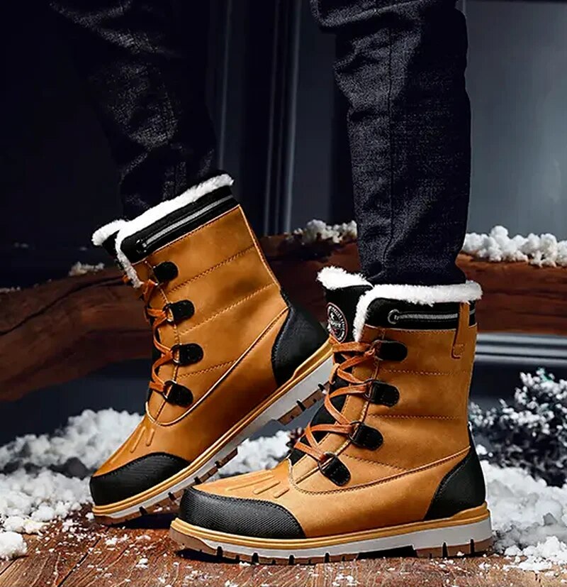 "Men's waterproof brown mid-calf snow boots with orthopedic support, lace-up, insulated for warmth, durable design."