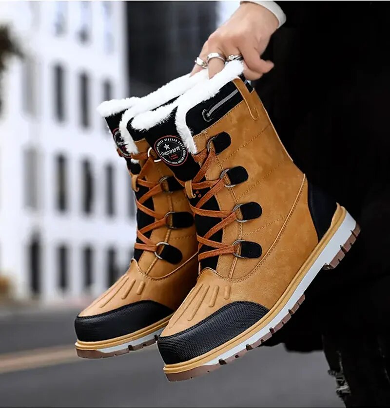"Men's waterproof brown mid-calf snow boots with orthopedic support, lace-up, insulated for warmth, durable design."
