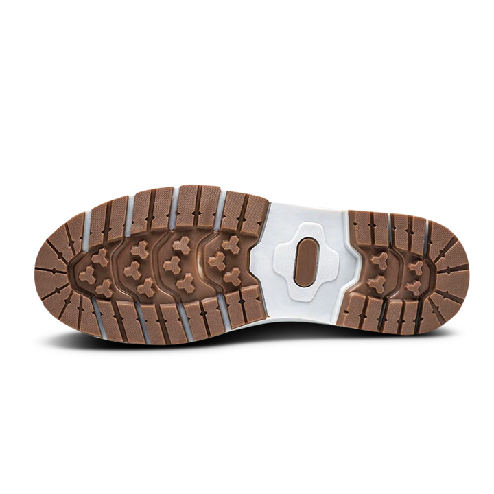 "Men's waterproof brown mid-calf snow boots with orthopedic support, lace-up, insulated for warmth, durable design."