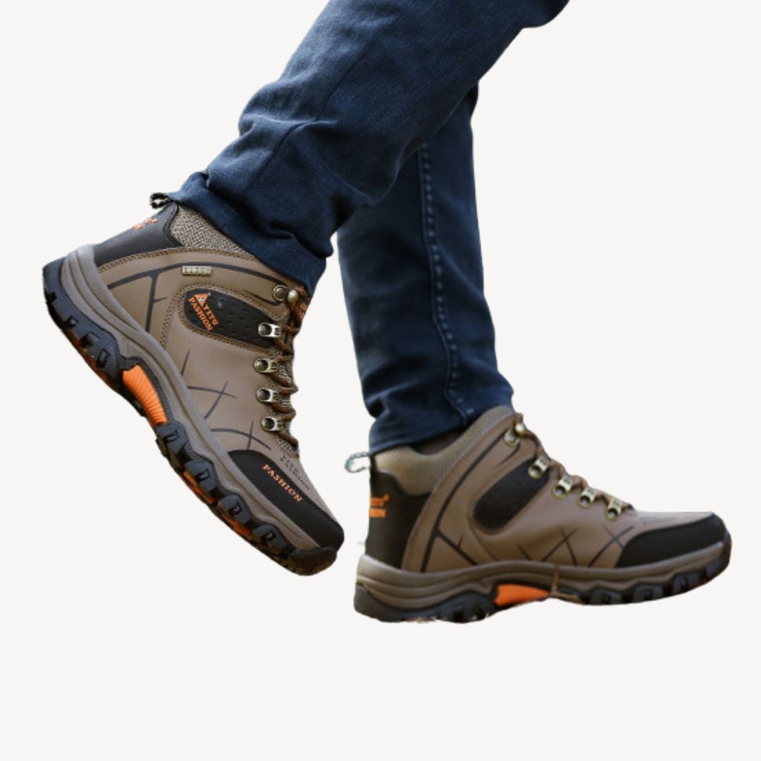 Men's waterproof orthopedic hiking boots with rugged outsole, showcasing durable design and secure lace-up closure.