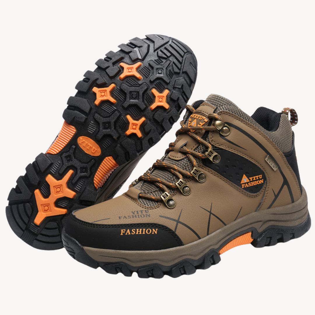 Men's waterproof orthopedic hiking boots with rugged outsole, showcasing durable design and secure lace-up closure.