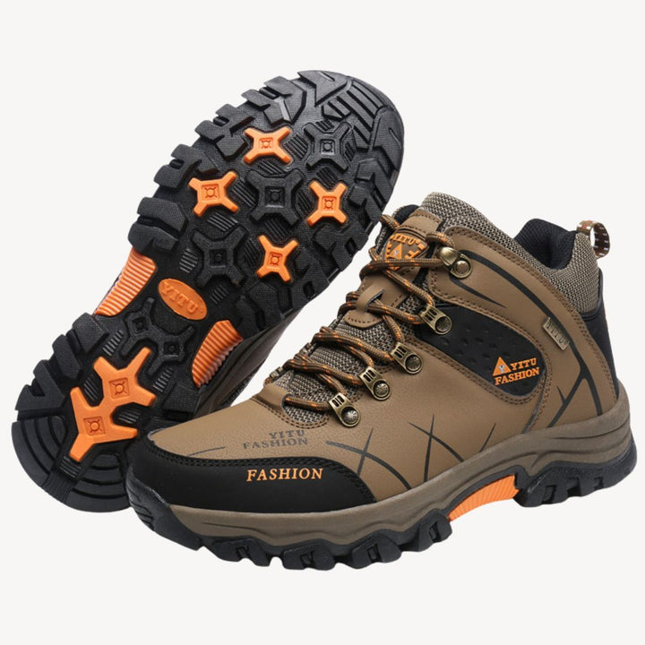 Men's waterproof orthopedic hiking boots with rugged outsole, showcasing durable design and secure lace-up closure.