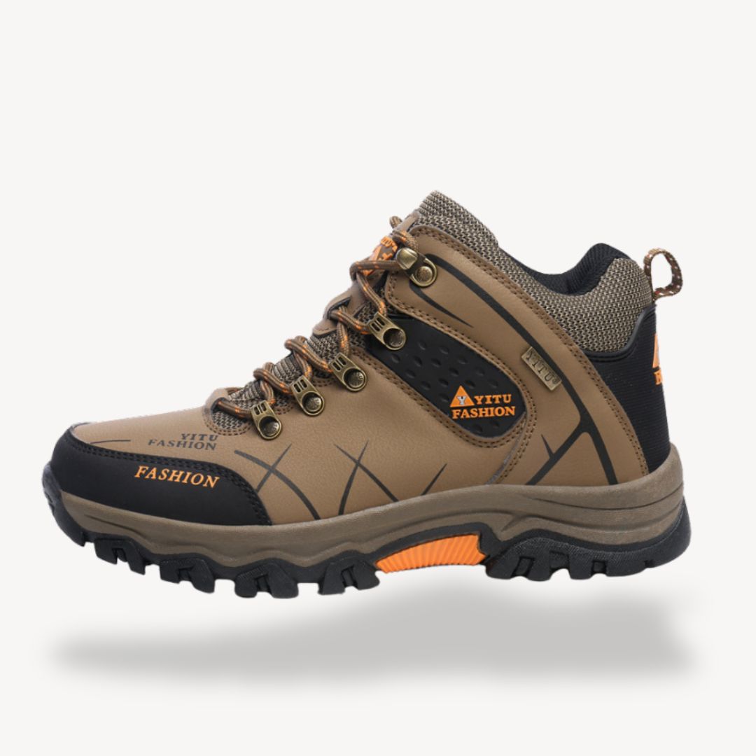 Men's waterproof orthopedic hiking boots with rugged outsole, showcasing durable design and secure lace-up closure.