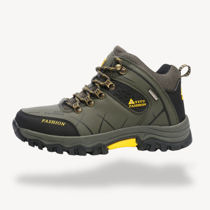 Men's waterproof orthopedic hiking boots with rugged outsole, showcasing durable design and secure lace-up closure.