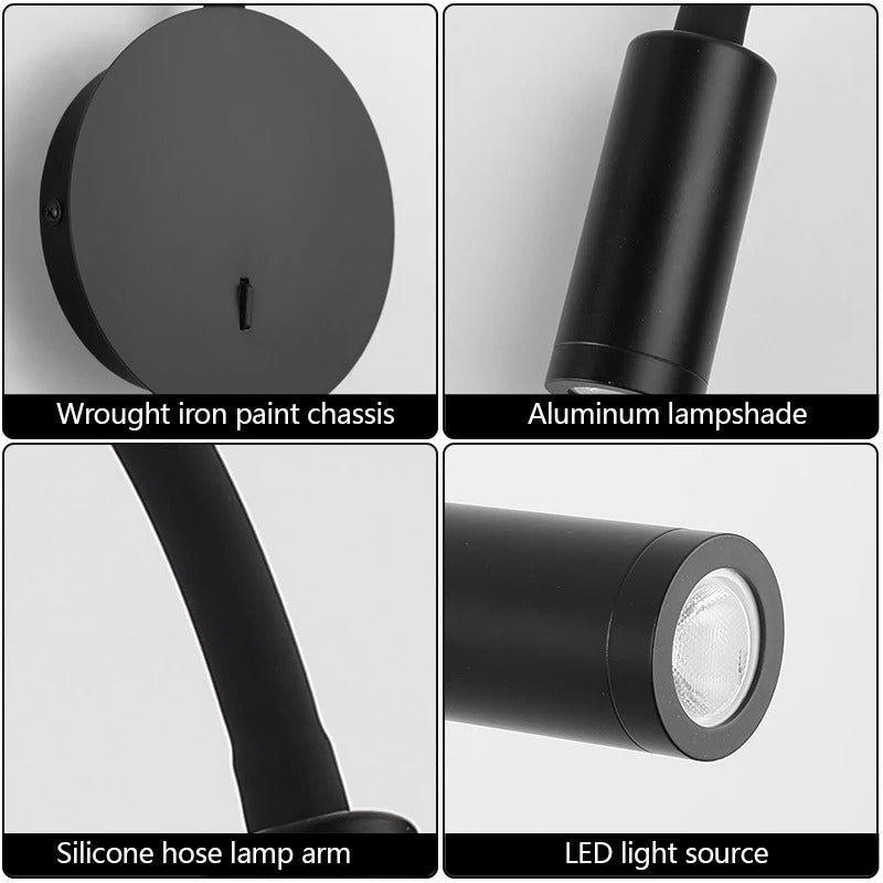 Modern 360° LED wall lamp, black and white, sleek design, aluminum and silicon, adjustable light, perfect for reading ambianc