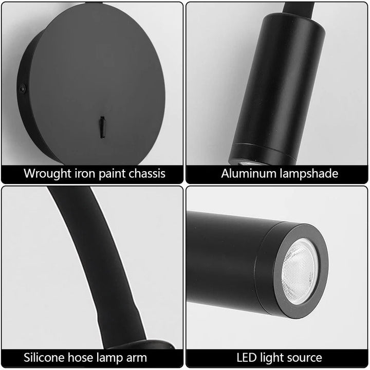 Modern 360° LED wall lamp, black and white, sleek design, aluminum and silicon, adjustable light, perfect for reading ambianc