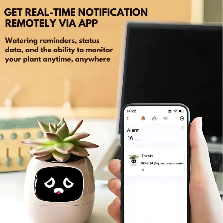 "Modern AI plant pot with digital display, featuring smart home integration and touch controls for enhanced plant care."