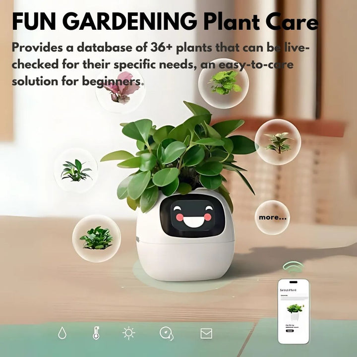 "Modern AI plant pot with digital display, featuring smart home integration and touch controls for enhanced plant care."