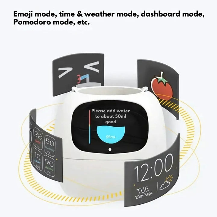 "Modern AI plant pot with digital display, featuring smart home integration and touch controls for enhanced plant care."