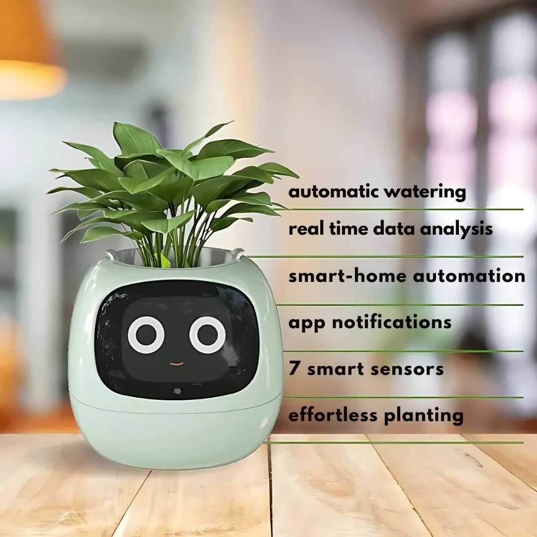 "Modern AI plant pot with digital display, featuring smart home integration and touch controls for enhanced plant care."