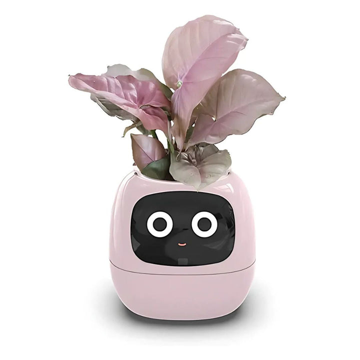 "Modern AI plant pot with digital display, featuring smart home integration and touch controls for enhanced plant care."