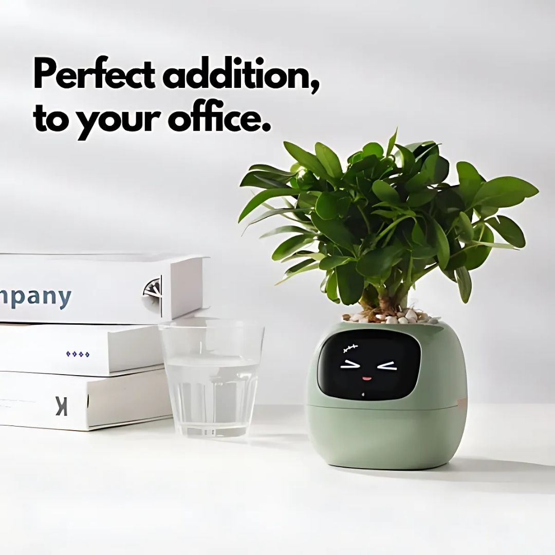 "Modern AI plant pot with digital display, featuring smart home integration and touch controls for enhanced plant care."