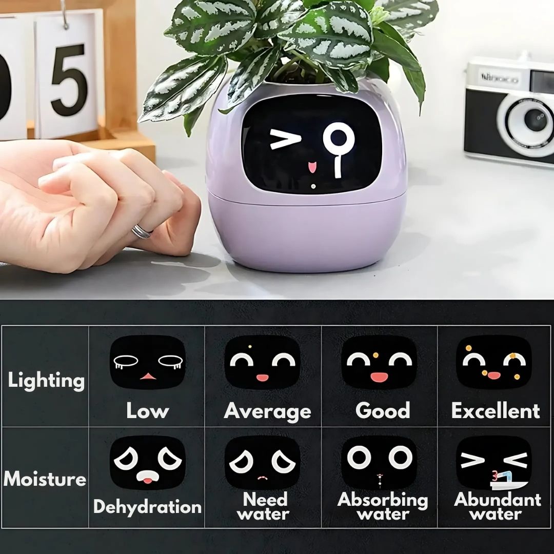 "Modern AI plant pot with digital display, featuring smart home integration and touch controls for enhanced plant care."