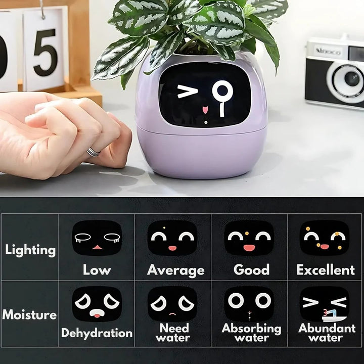 "Modern AI plant pot with digital display, featuring smart home integration and touch controls for enhanced plant care."