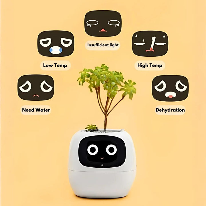 "Modern AI plant pot with digital display, featuring smart home integration and touch controls for enhanced plant care."