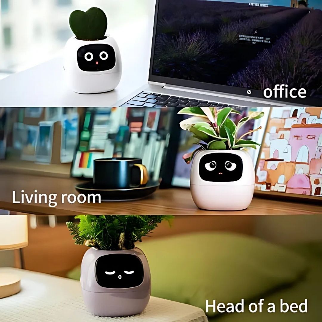 "Modern AI plant pot with digital display, featuring smart home integration and touch controls for enhanced plant care."