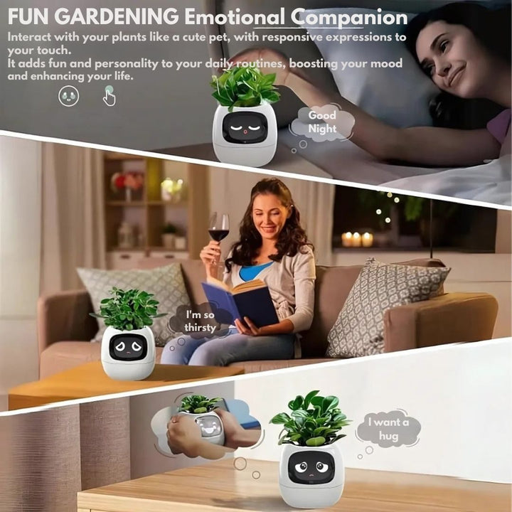 "Modern AI plant pot with digital display, featuring smart home integration and touch controls for enhanced plant care."