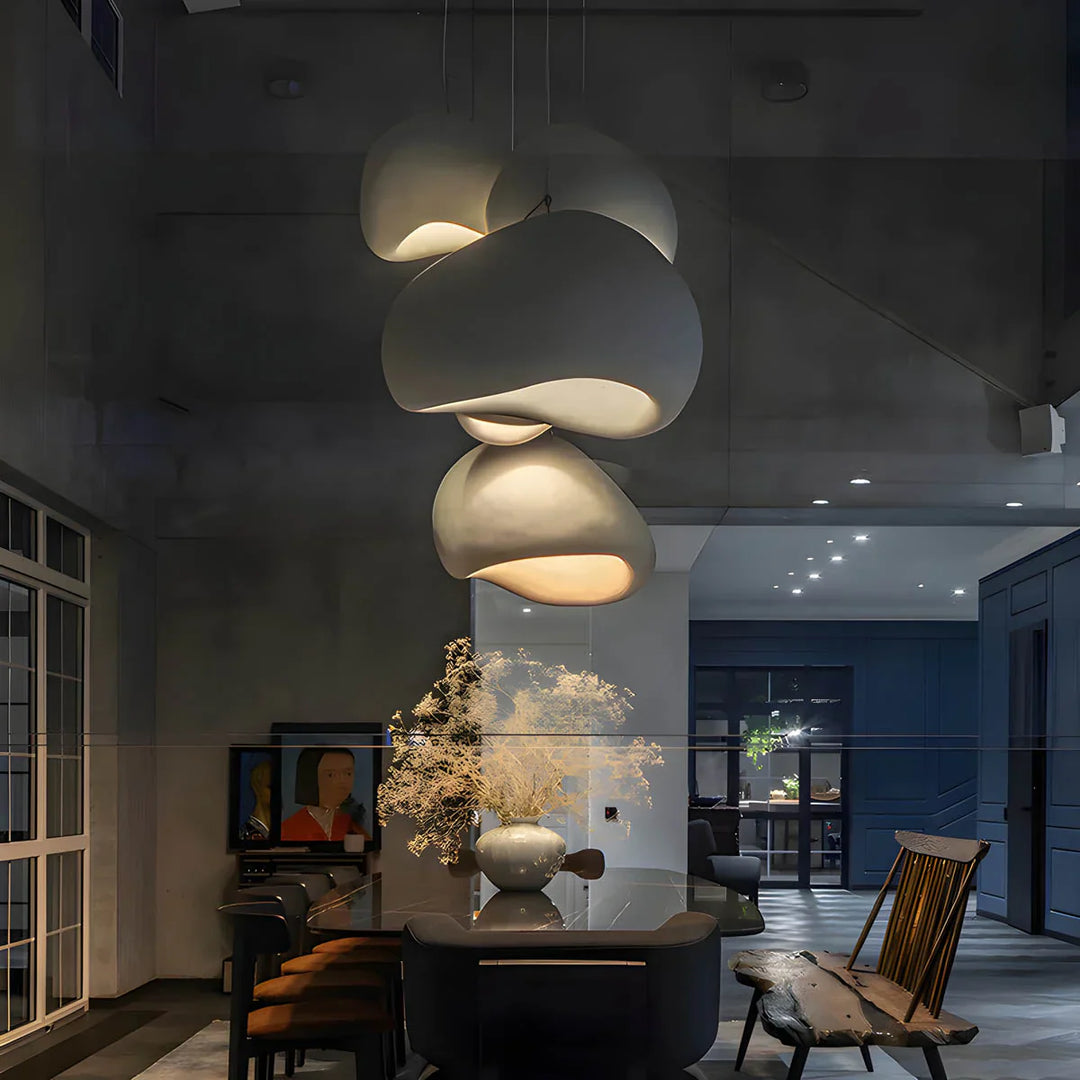 Modern Boho resin chandelier with soft glow, elegant design, and warm illumination; ideal for varied interiors and decor.