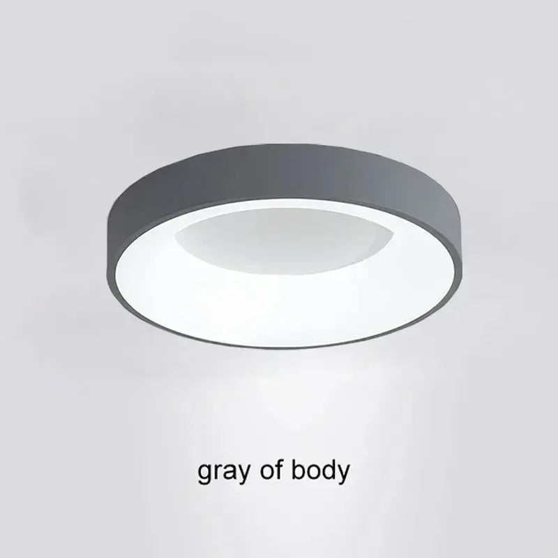 Modern circular LED ceiling light with sleek metal frame, soft ambient lighting; available in grey, white, wood finishes.