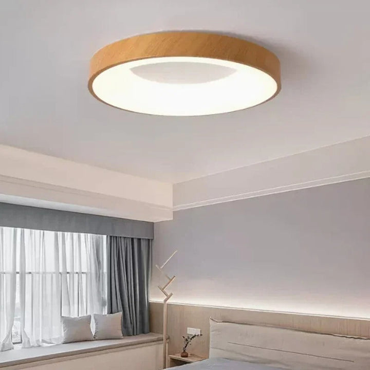 Modern circular LED ceiling light with sleek metal frame, soft ambient lighting; available in grey, white, wood finishes.