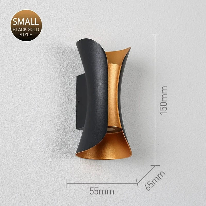 Modern waterproof LED wall light, sleek aluminium, IP65 rating, indoor/outdoor use, warm white glow, available in black.