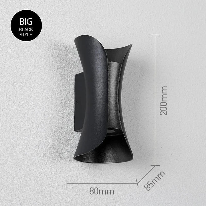 Modern waterproof LED wall light, sleek aluminium, IP65 rating, indoor/outdoor use, warm white glow, available in black.