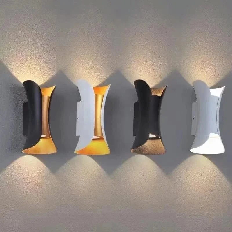 Modern waterproof LED wall light, sleek aluminium, IP65 rating, indoor/outdoor use, warm white glow, available in black.