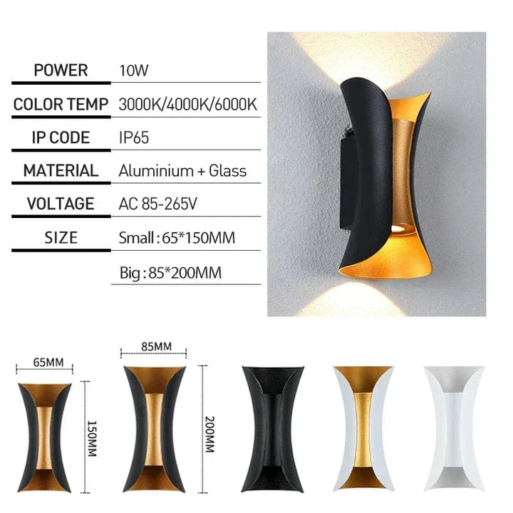 Modern waterproof LED wall light, sleek aluminium, IP65 rating, indoor/outdoor use, warm white glow, available in black.