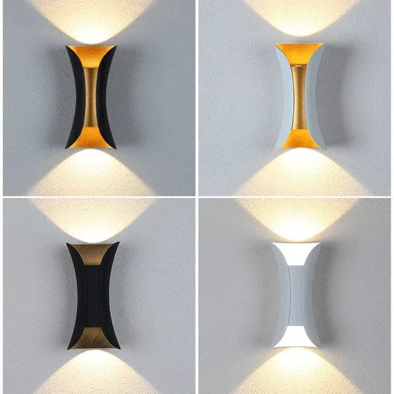 Modern waterproof LED wall light, sleek aluminium, IP65 rating, indoor/outdoor use, warm white glow, available in black.