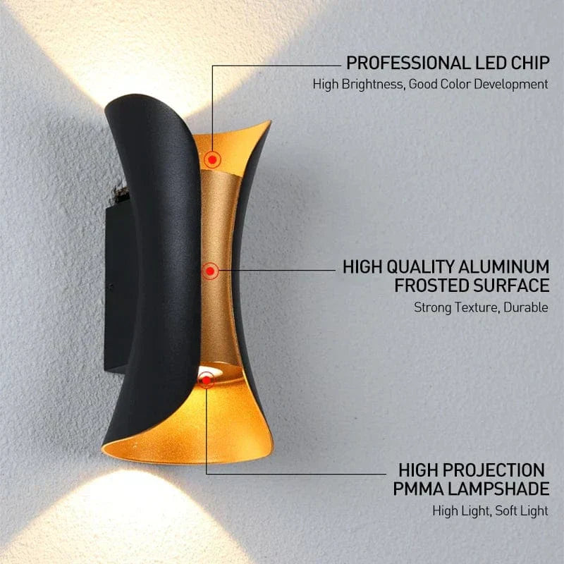 Modern waterproof LED wall light, sleek aluminium, IP65 rating, indoor/outdoor use, warm white glow, available in black.