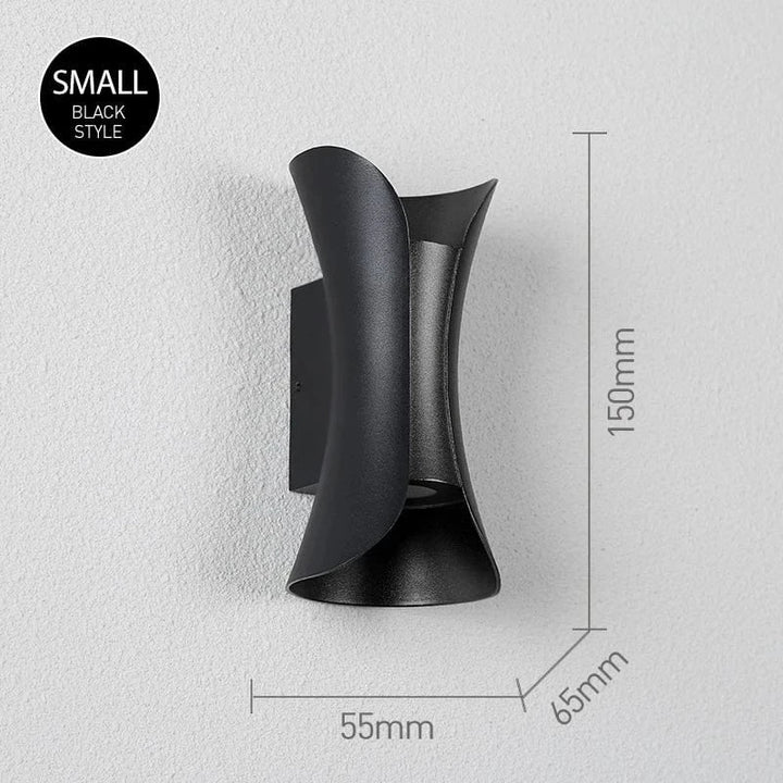 Modern waterproof LED wall light, sleek aluminium, IP65 rating, indoor/outdoor use, warm white glow, available in black.