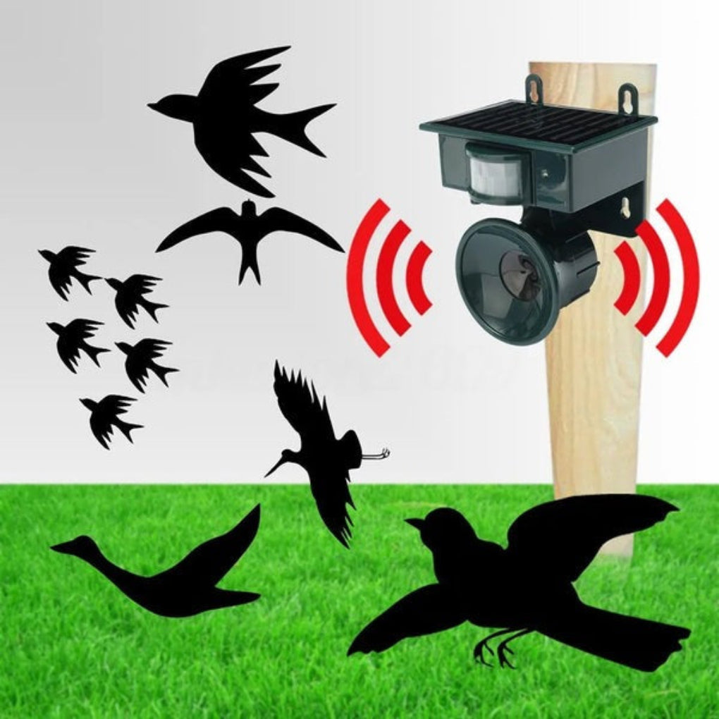 "Motion Sensor Bird Deterrent with sound, for crows and pigeons, in a weather-resistant design suitable for outdoor use."