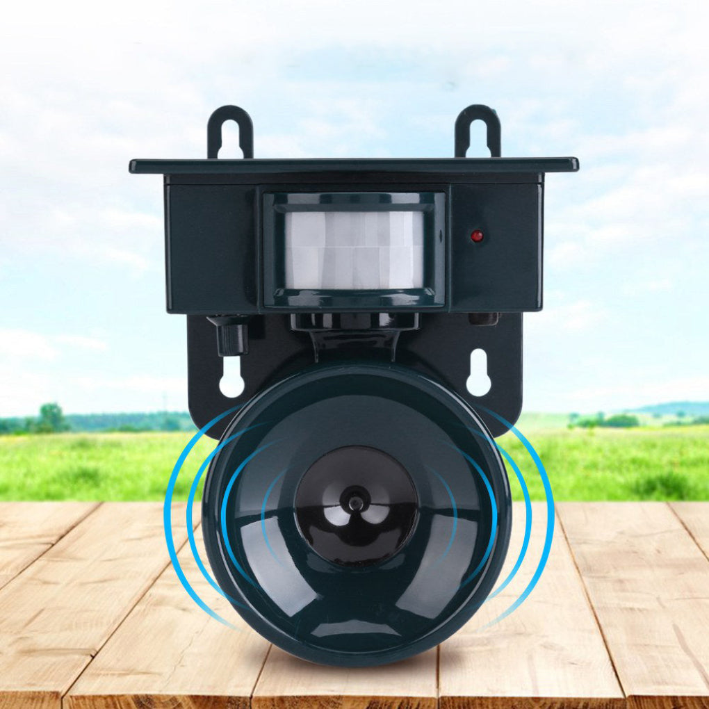 "Motion Sensor Bird Deterrent with sound, for crows and pigeons, in a weather-resistant design suitable for outdoor use."
