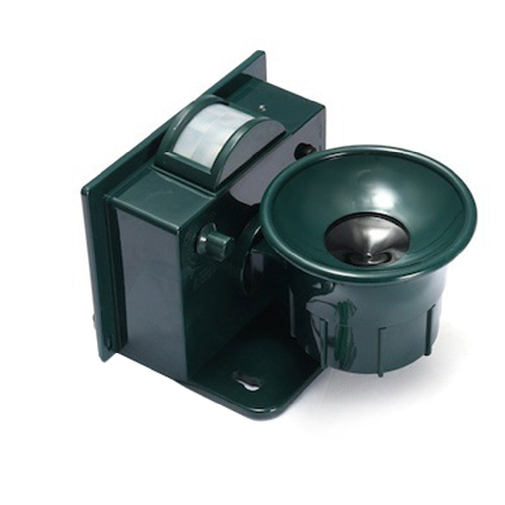 "Motion Sensor Bird Deterrent with sound, for crows and pigeons, in a weather-resistant design suitable for outdoor use."