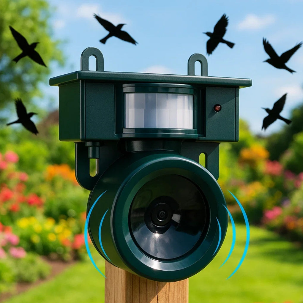 "Motion Sensor Bird Deterrent with sound, for crows and pigeons, in a weather-resistant design suitable for outdoor use."