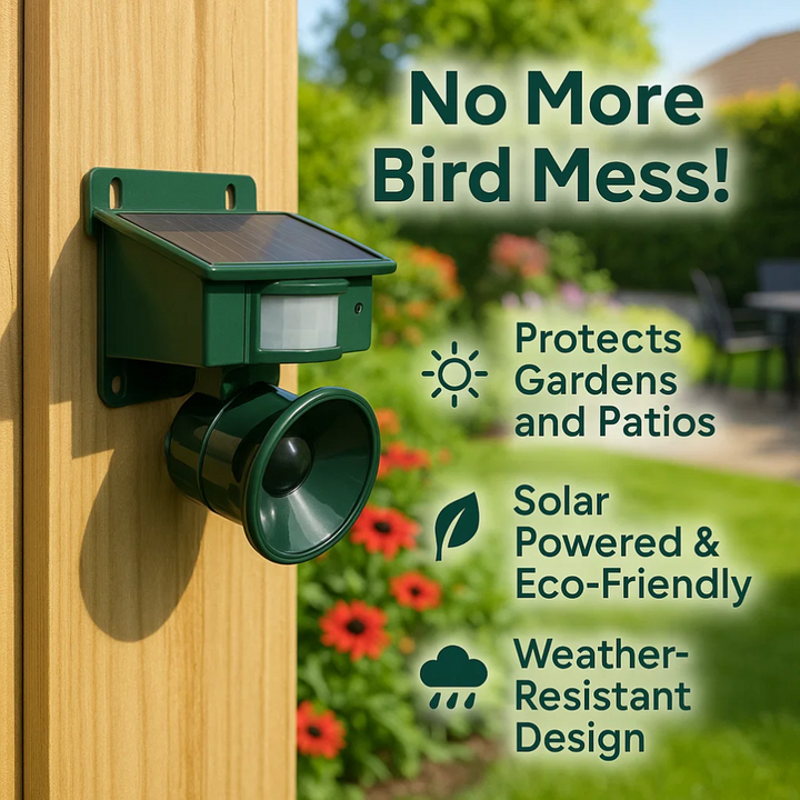 "Motion Sensor Bird Deterrent with sound, for crows and pigeons, in a weather-resistant design suitable for outdoor use."