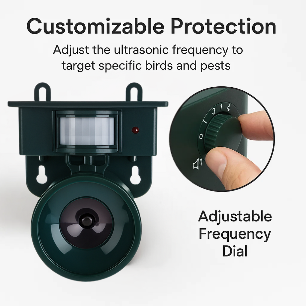 "Motion Sensor Bird Deterrent with sound, for crows and pigeons, in a weather-resistant design suitable for outdoor use."