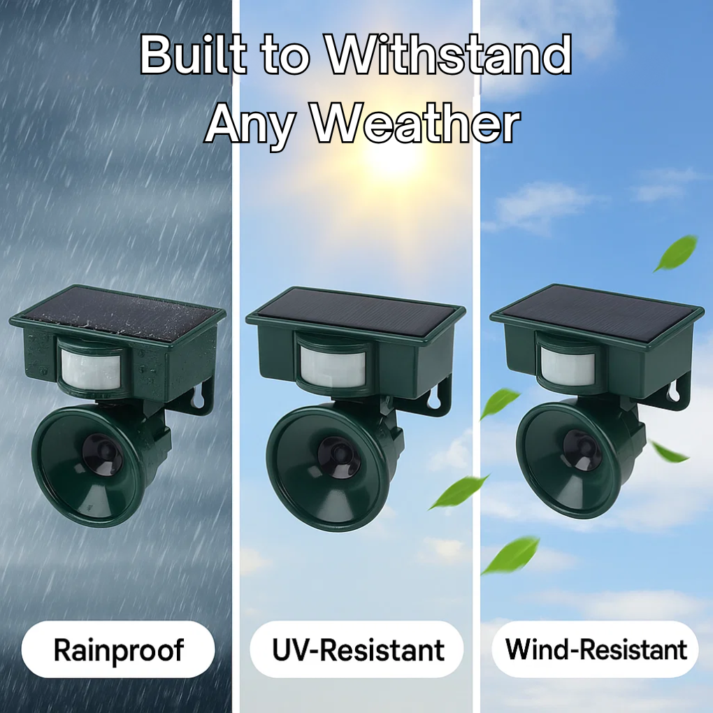 "Motion Sensor Bird Deterrent with sound, for crows and pigeons, in a weather-resistant design suitable for outdoor use."