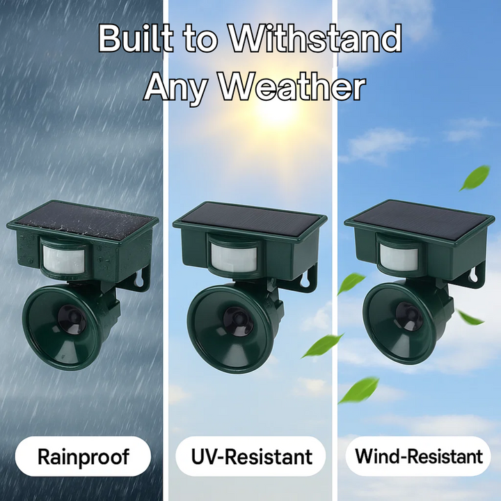 "Motion Sensor Bird Deterrent with sound, for crows and pigeons, in a weather-resistant design suitable for outdoor use."