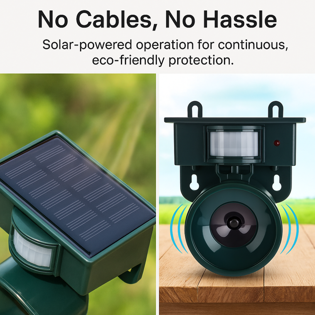 "Motion Sensor Bird Deterrent with sound, for crows and pigeons, in a weather-resistant design suitable for outdoor use."