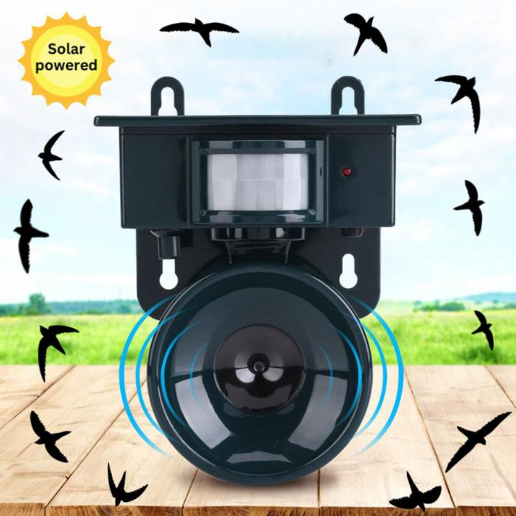 "Motion Sensor Bird Deterrent with sound, for crows and pigeons, in a weather-resistant design suitable for outdoor use."
