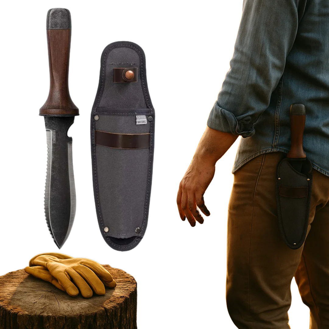 "Multi-Purpose Hori Hori Garden Knife with stainless steel blade and walnut handle for camping, foraging, and gardening."