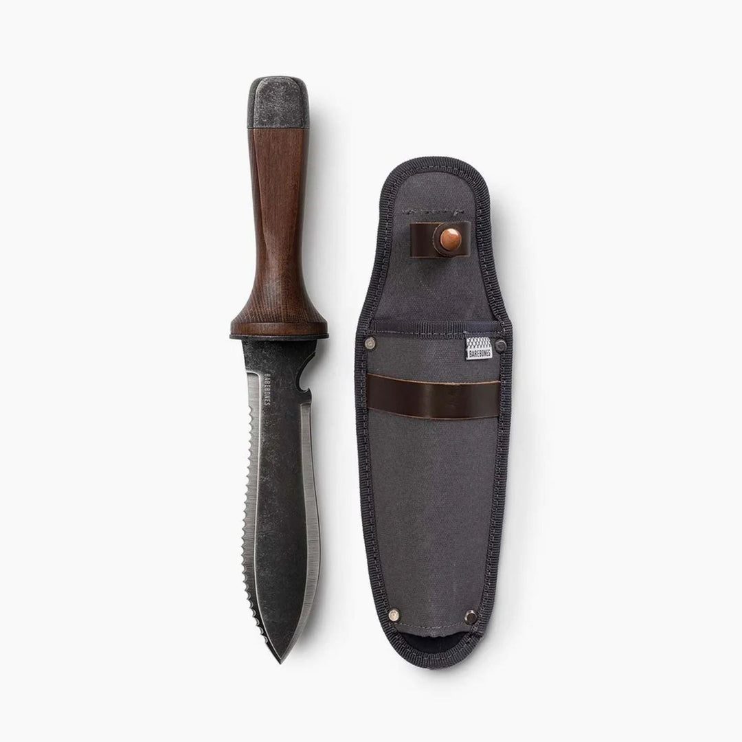 "Multi-Purpose Hori Hori Garden Knife with stainless steel blade and walnut handle for camping, foraging, and gardening."