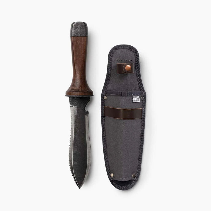 "Multi-Purpose Hori Hori Garden Knife with stainless steel blade and walnut handle for camping, foraging, and gardening."