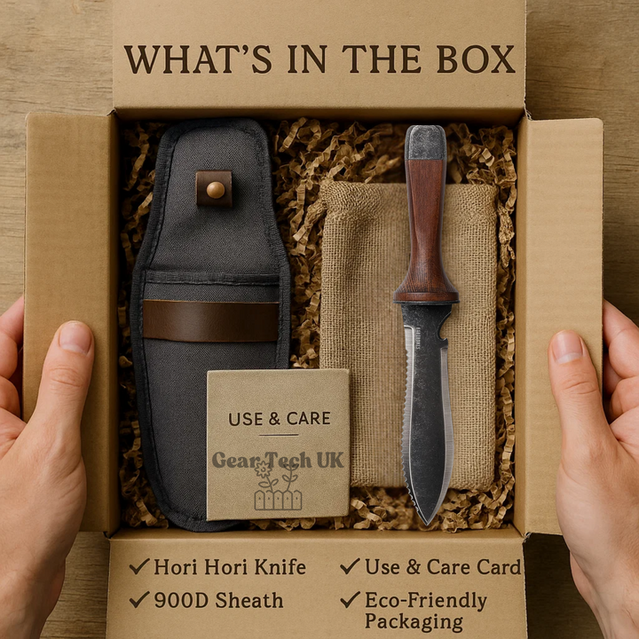 "Multi-Purpose Hori Hori Garden Knife with stainless steel blade and walnut handle for camping, foraging, and gardening."