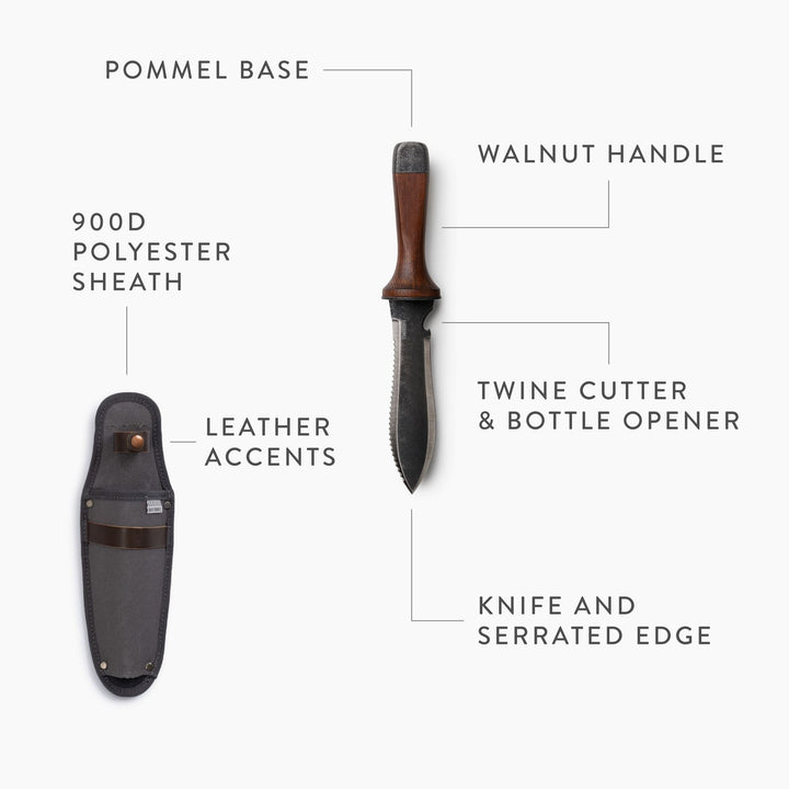 "Multi-Purpose Hori Hori Garden Knife with stainless steel blade and walnut handle for camping, foraging, and gardening."